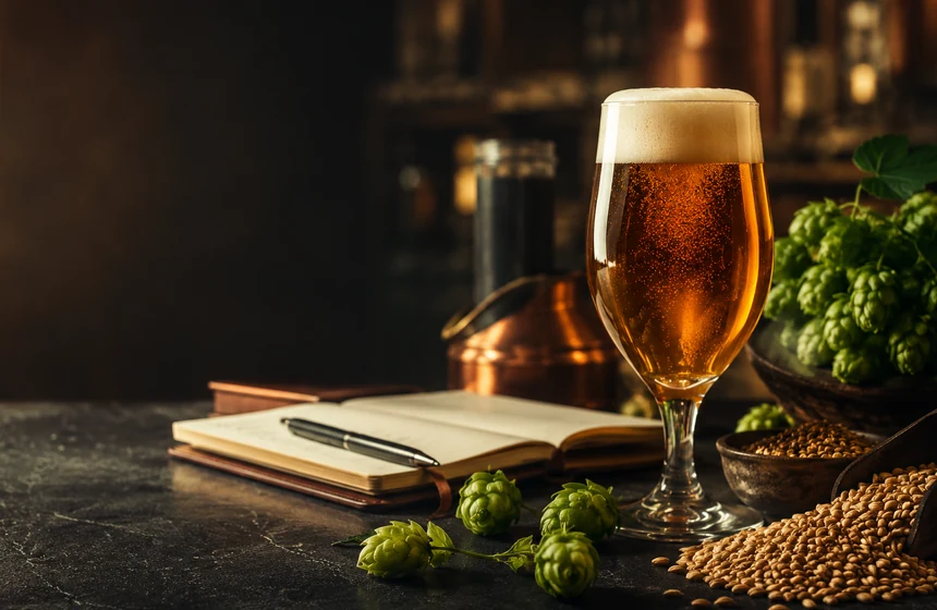 A golden beer with hops and malt in warm editorial lighting