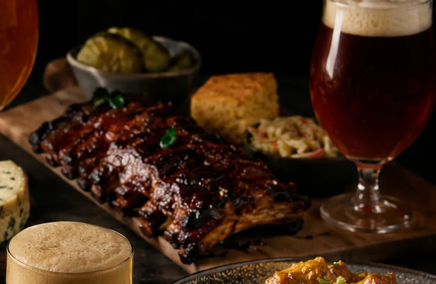 Glazed barbecue food paired with an amber beer