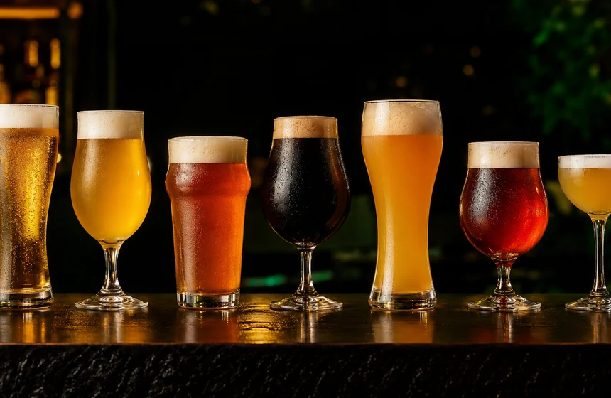 Several contrasting beer styles arranged on a dark bar