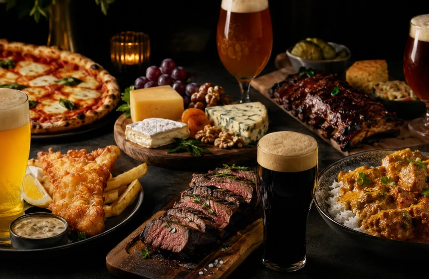 A selection of beer and food pairings on a dark table