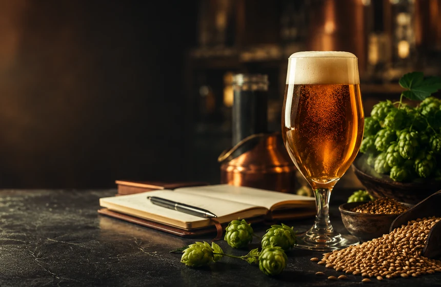 A beer, hops, malt and tasting notebook in an atmospheric brewery setting