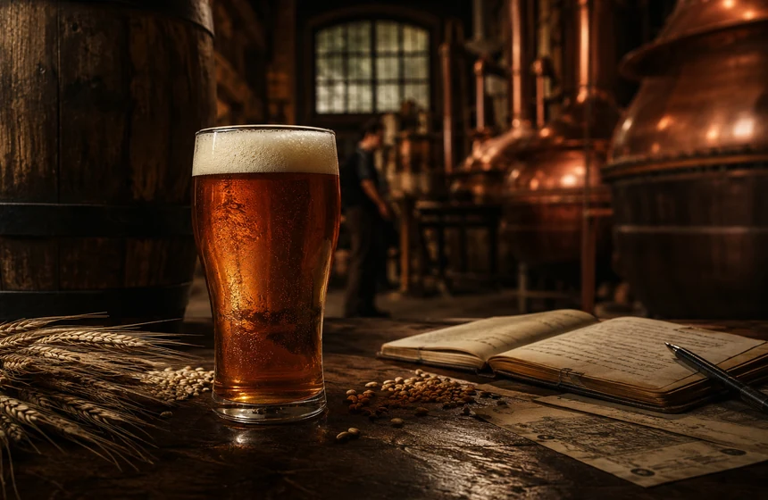 An amber beer in an atmospheric historic brewery