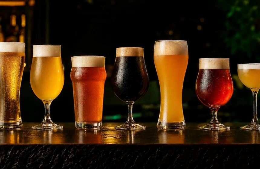 A line-up showing the colour and glassware of different beer styles