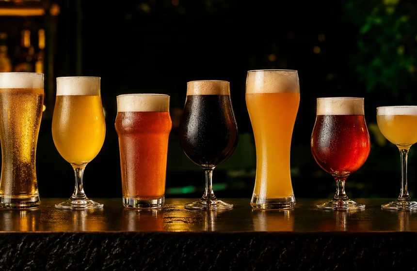 A line-up of beer styles in varied glassware and colours