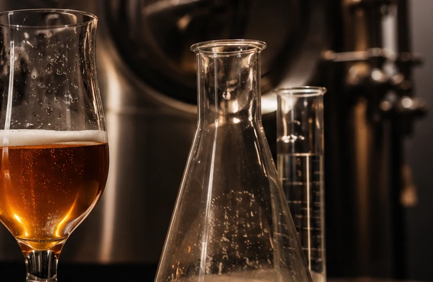 a laboratory flask filled with beer, yeast cells and a pH scale