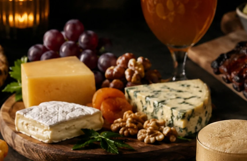 A cheeseboard with grapes and nuts paired with amber beer