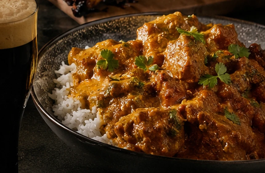 A spiced curry dish paired with amber beer