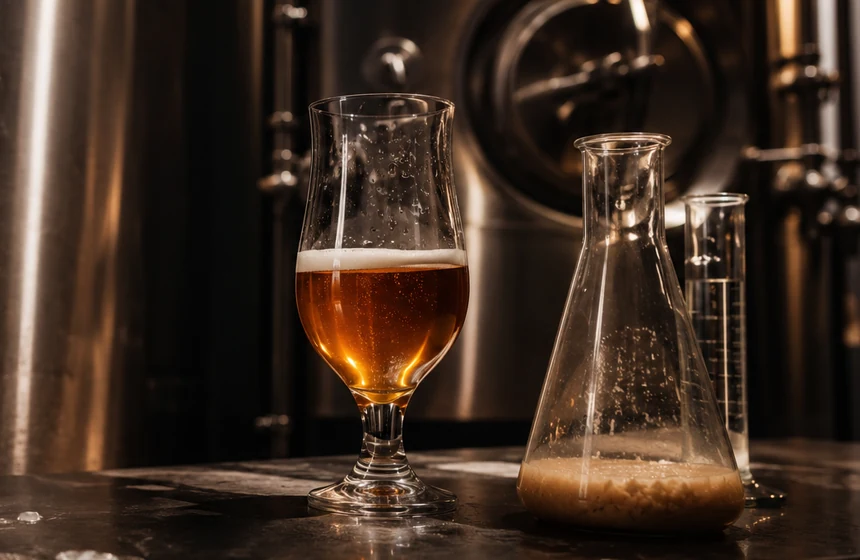 Fermentation equipment and a glass of beer in a working brewery