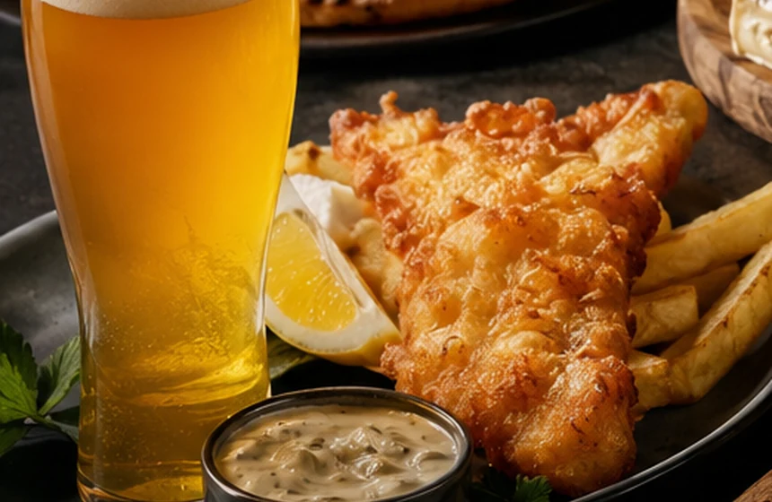 Fish and chips paired with a pale beer