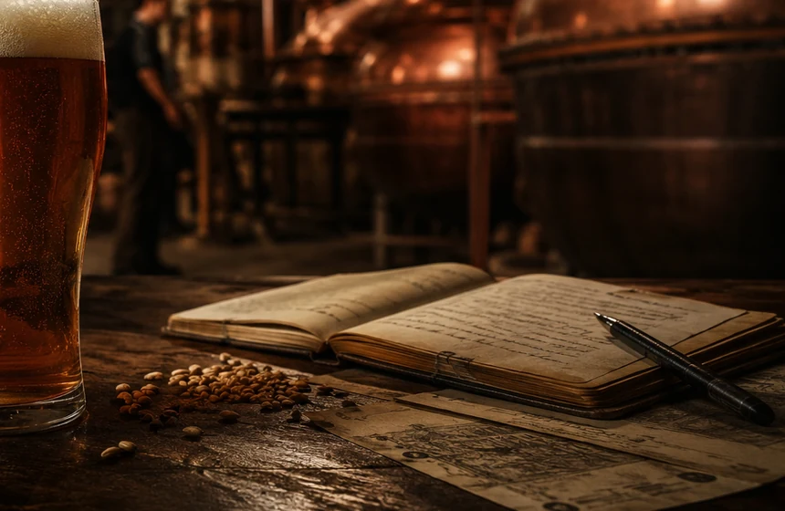 A dark beer in a warm historic brewery setting