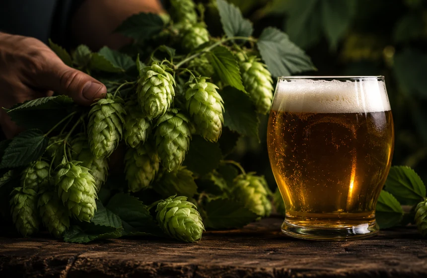 Fresh green hop cones beside a glass of amber beer