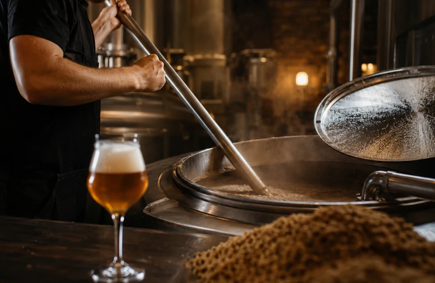 A brewer working beside a steaming mash vessel in a small brewery