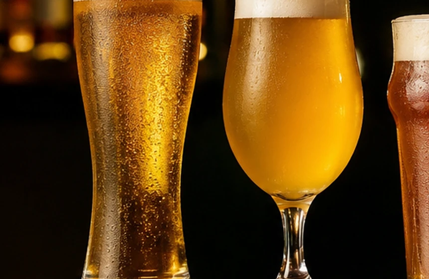 Golden lager with hops and rising bubbles