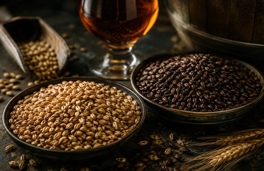 Pale and roasted brewing malts beside a glass of amber beer