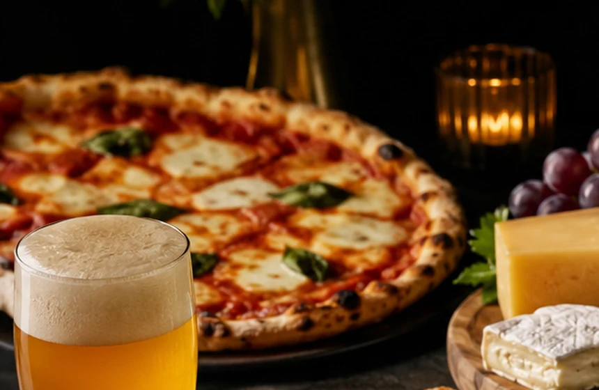 Pizza paired with a glass of beer