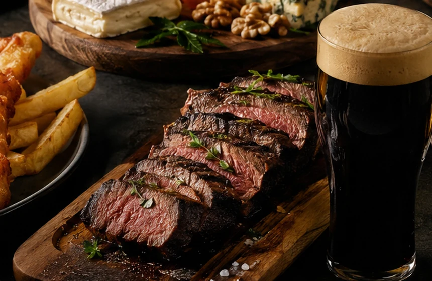 Sliced steak paired with a dark beer
