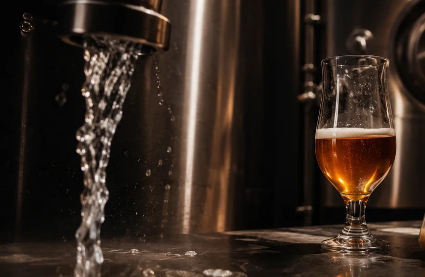 Water flowing beside brewing vessels and a sample beer