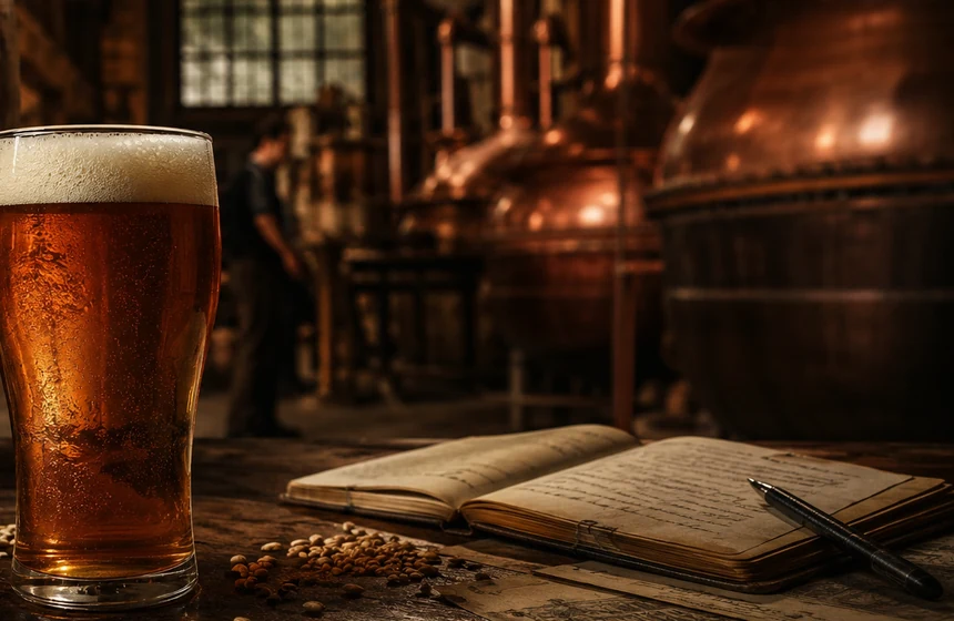 a hilltop Bavarian brewery with the date 1040 and a modern science symbol