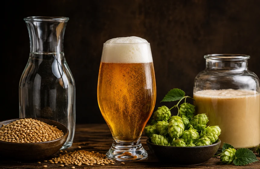 A beer with water, malted barley, hops and yeast ingredients