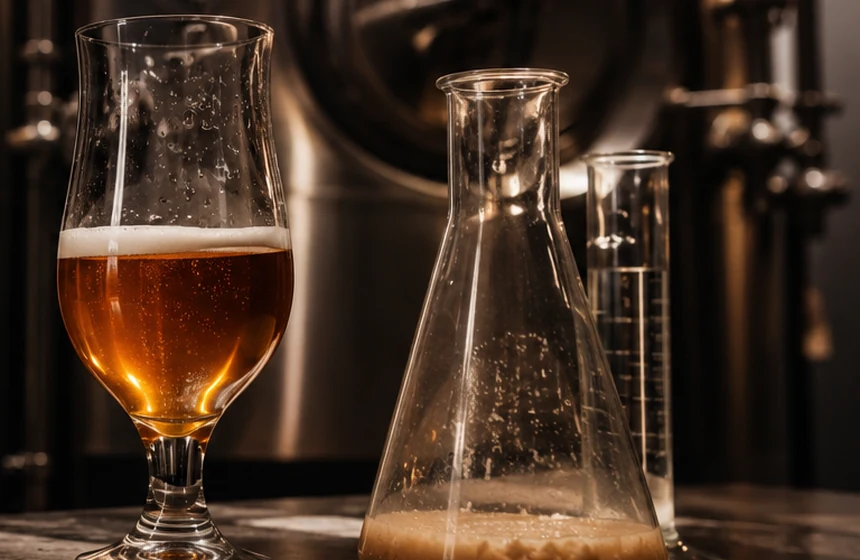 Brewery fermentation glassware and a sample of amber beer